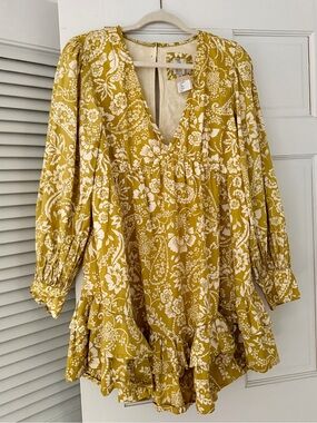 Maeve Anthropologie Mustard Yellow Floral V-Neck Ruffle Dress